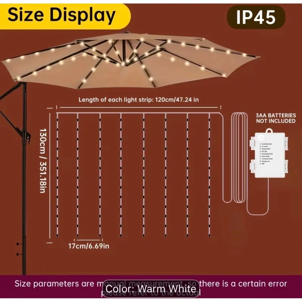 130 LED Patio Umbrella Fairy Lights Warm White 8‎ Modes Remote IP45 Battery Op